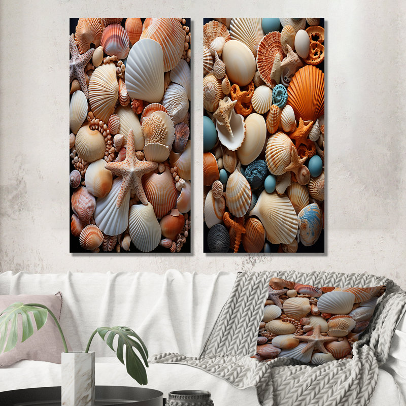 Classic Seashells By The Sea - Ensemble de 2 décorations murales coquillage, H 28 po x l 25 po, Toile tendue
