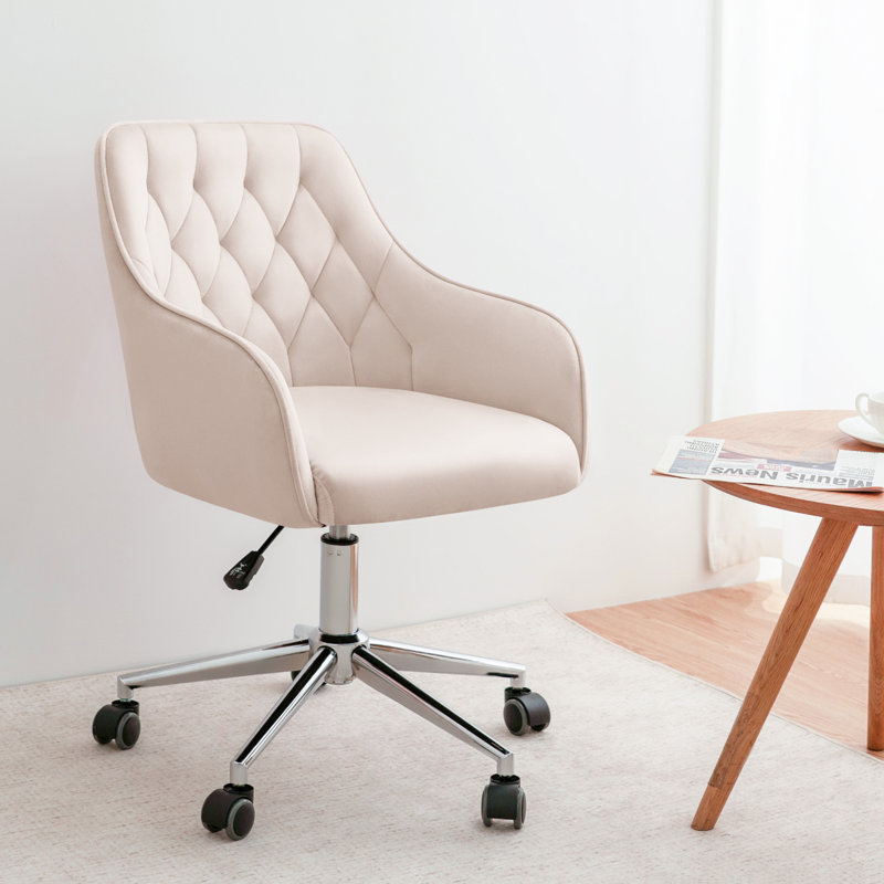Marcus Velvet Desk Chair Vanity Chair for Makeup with Wheels Rolling Swivel Chair for Bedroom, Beige