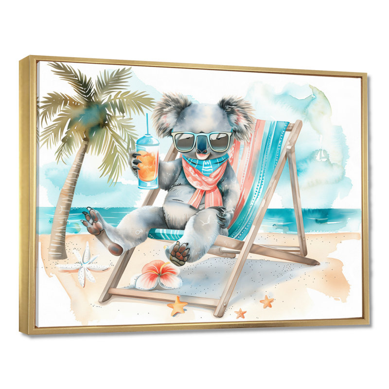 Mignonne plage de koala relaxante - salon d'art mural animal côtier, Toile avec cadre flottant or