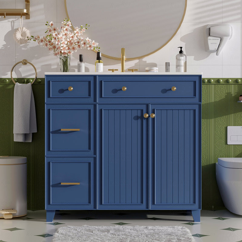 Meuble-lavabo 36 po avec lavabo en céramique, tiroirs standard et double couche, portes à fermeture en douceur, tablettes réglables, armoire de rangement moderne