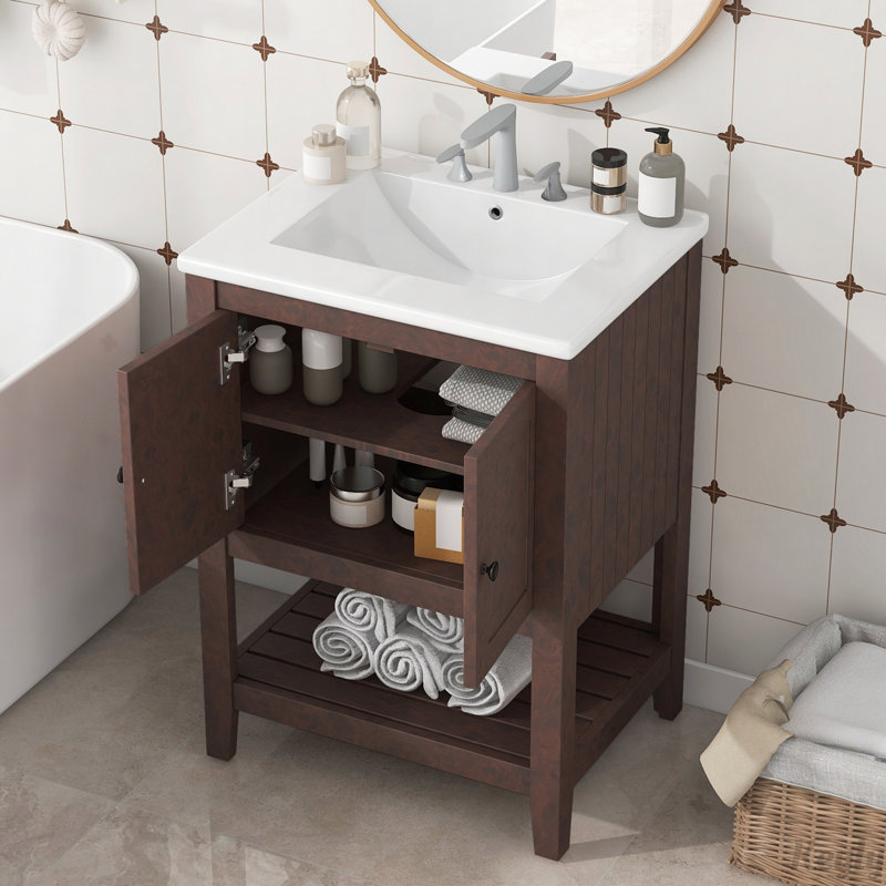 24" Modern Sleek Bathroom Vanity Elegant Ceramic Sink, Brown