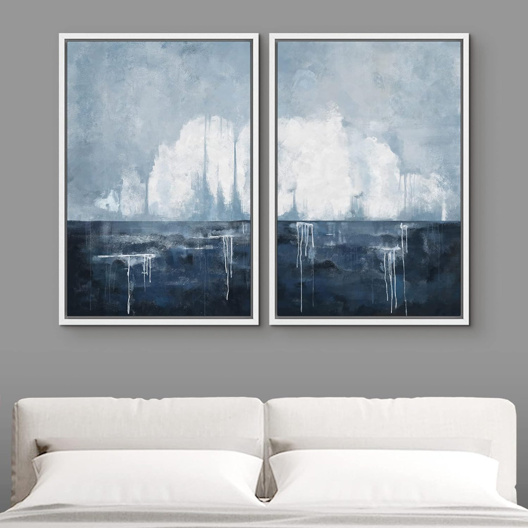 Minimal Landscape " Watercolor Pastel Blue White Landscape Abstract Shapes " 2 - Pieces IDEA4WALL Frame 