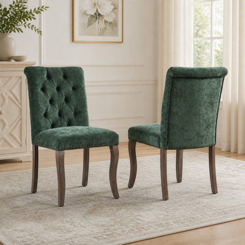 Chaise d'appoint capitonnée en chenille sans accoudoirs avec pieds en bois massif, vert olive (ensemble de 2), Vert olive