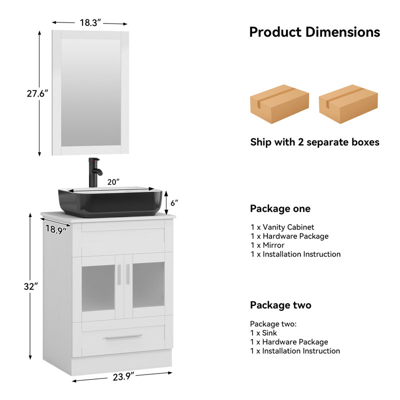 Andrais 24'' Single Bathroom Vanity with Manufactured Wood Top, White, Black/White