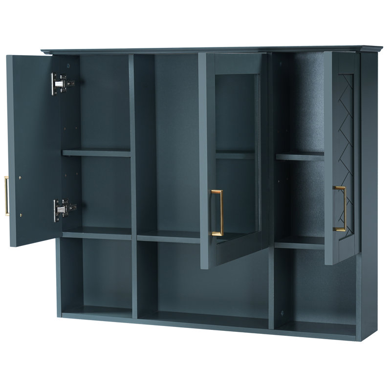 Armoire à pharmacie murale de 35 pouces avec 21 tablettes réglables, fermeture silencieuse silencieuse et miroir transparent pour le décor de la salle de bain, fonction rectangulaire bleue moderne de 35 pouces