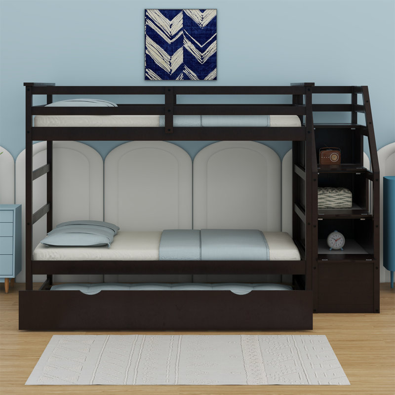 Iftekar Kids Bunk Bed with Trundle, Espresso, Full Over Full