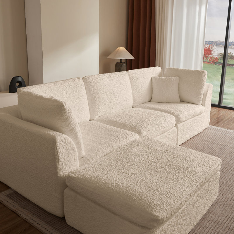 Canapés modulaires en nuage de 110 po pour le salon, canapé convertible en forme de L avec repose-pieds, canapé modulaire 3 places, blanc chaud beige
