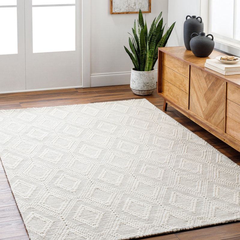 Rectangle Ronnasia Geometric Polyester/Wool Area Rug in Cream, Rectangle 2' x 3'