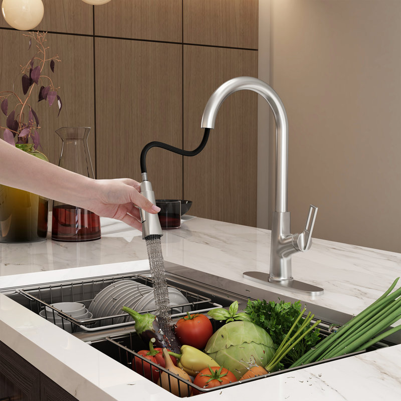 CASAINC Single-Handle Pull-Down Kitchen Faucet Single Hole Faucet with Deck Plate, Brushed Nickel