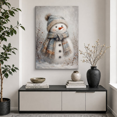 Cozy Snowman Winter Holiday Artwork, Nursery Pictures, Framed Canvas Giclee Print Wall Art