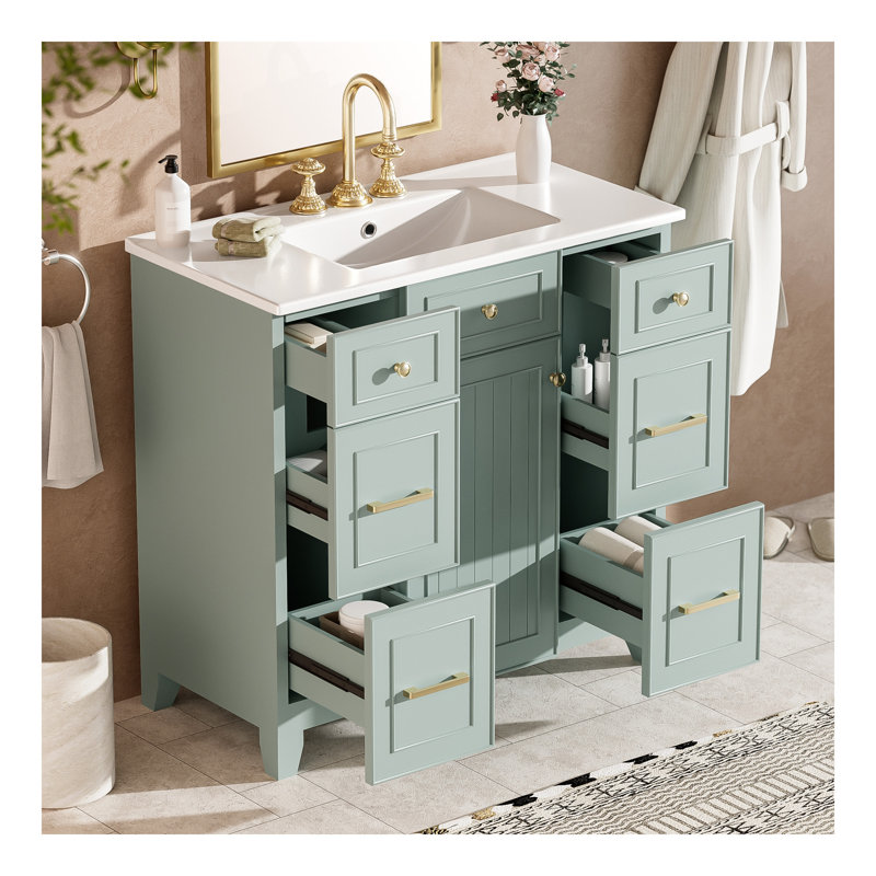 Meuble-lavabo vert 36 po avec lavabo en céramique, portes à fermeture douce, 2 tiroirs doubles et 2 tiroirs standards, tablette réglable