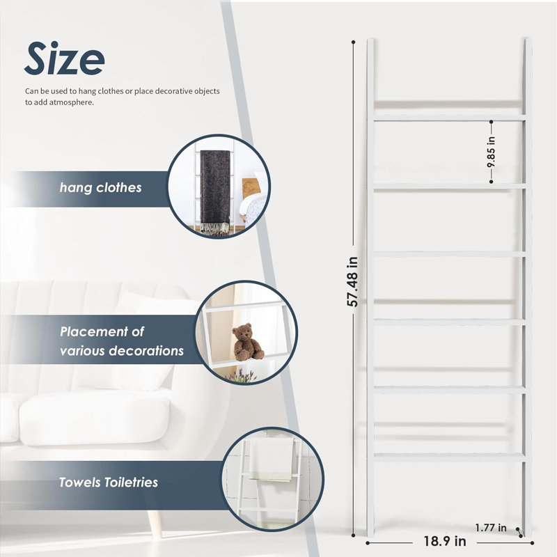 White Wooden 57.5'' Rustic Blanket Ladder for Home Decor