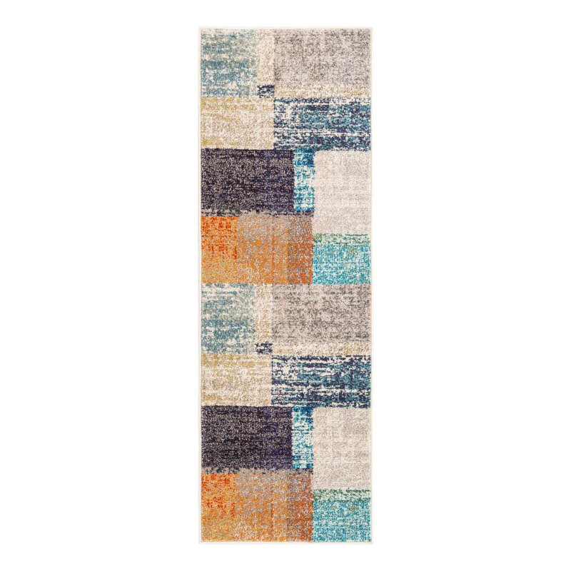 Octagon Abstract Navy/Gray/Orange Area Rug, Runner 2' x 6'