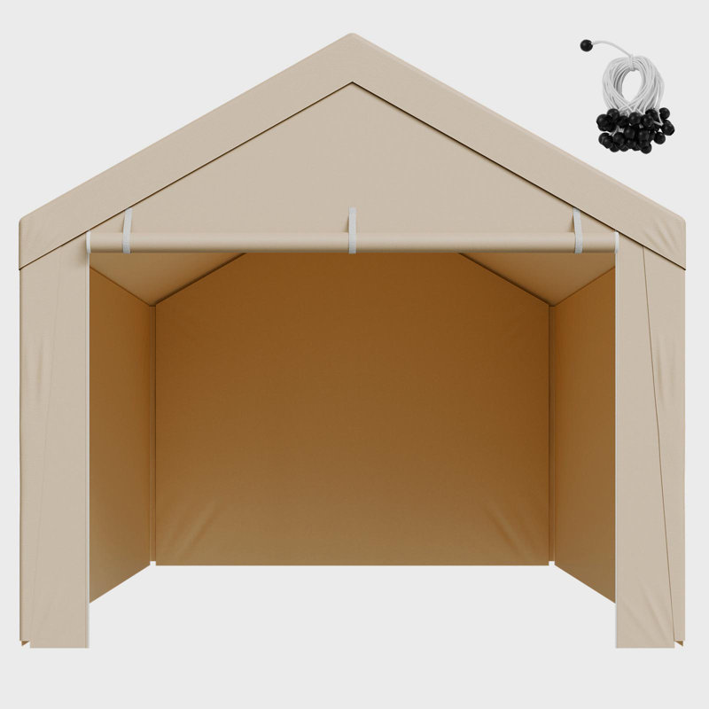 Carport Replacement Canopy, 10 X 20 Ft Potable Garage Tent Top Tarp With Sidewalls, UV-Resistant & Waterproof, Heavy Duty Car Shelter Tarp With Ball Buggees, Beige, Frame Not Included