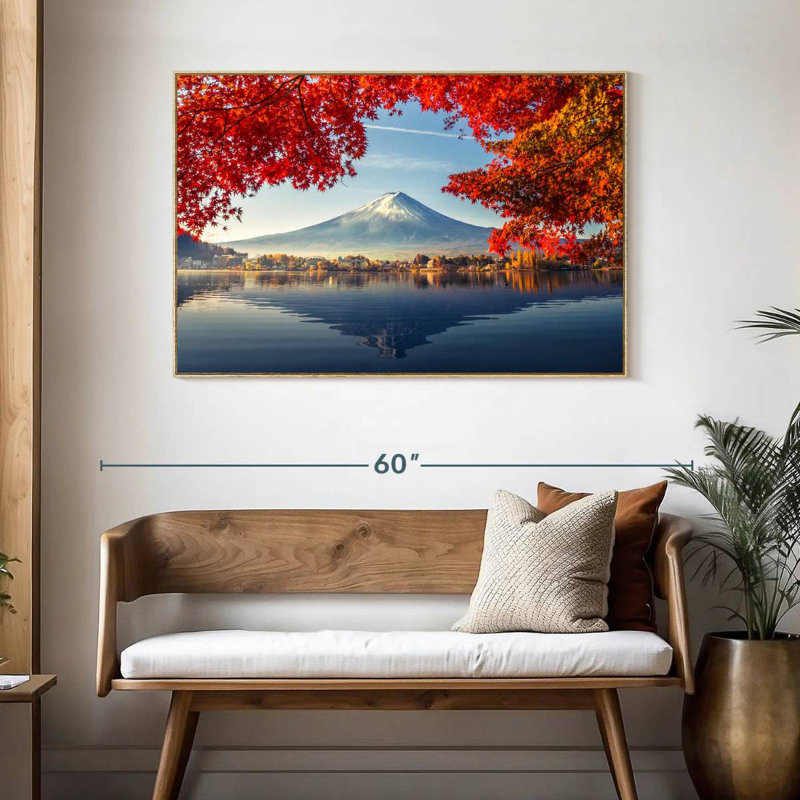 Mont Fuji - automne, Cadre flottant en bois naturel, 46 po x 31 po