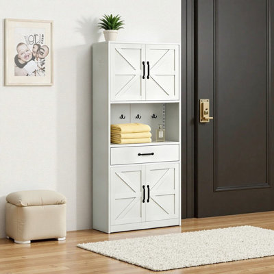 71" High White Steel Kitchen Pantry Cabinet with Countertop, Adjustable Shelves, Quiet Drawers & Hooks - Heavy-Duty Modern Storage