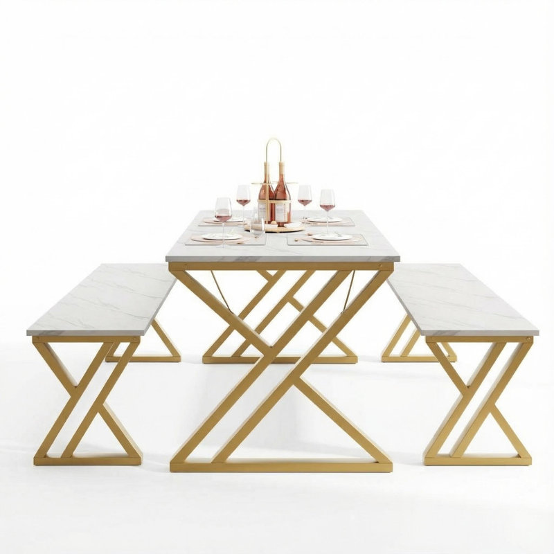 Square Dining Table Set for 4, Extendable Wooden Table with Upholstered Chairs, Compact Kitchen Set, White/Gold, White, Gold