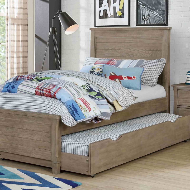 Lit simple de style transitionnel avec lit gigogne gris chaud brossé au fil du bois et texture de grain de bois 1pc