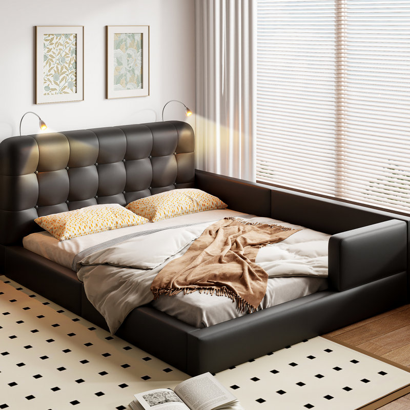 Queen Sized Upholstered Platform Bed With 2 Reading Lights, Black. Fine Pu Leather Upholstery. Generous Area For Rest And Relaxation. Adjustable Headboard Black Size Two Lights. Spacious Serene
