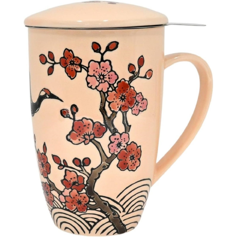 Beige Crane Flowers 15Oz Porcelain Tea Mug With Lid And Stainless Steel Infuser