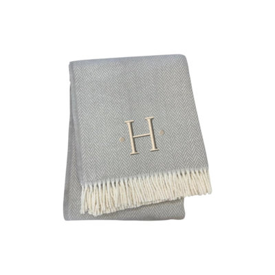 55" X 70" Herringbone Cotton Blend H Initial Throw Blanket with Tassels And Embroidery
