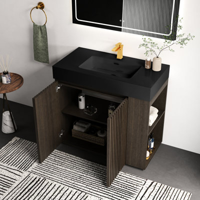 Meuble-lavabo 36F avec grain de chêne fumé, lavabo une pièce, ajustement multi-styles, bois de qualité E1, charnières à fermeture en douceur, quartz noir autoportant, grand espace de rangement, conception rétro, charnières en couches, Kd, idéal