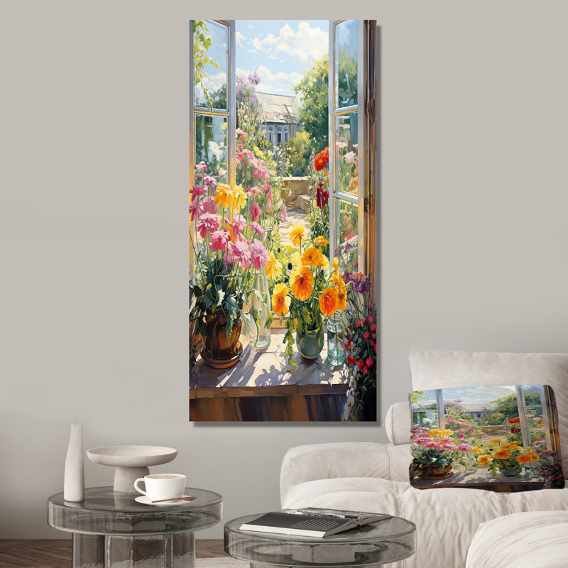 Fleurs d'été, vue de fenêtre à la ferme I - Art mural de fenêtre floral, Toile tendue, H 60 po x l 40 po
