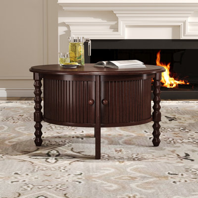 Table basse ronde vintage avec rangement de 30,3 po pour le salon, table basse moderne Mid-Century avec porte coulissante, table d'appoint à lattes pour petits espaces