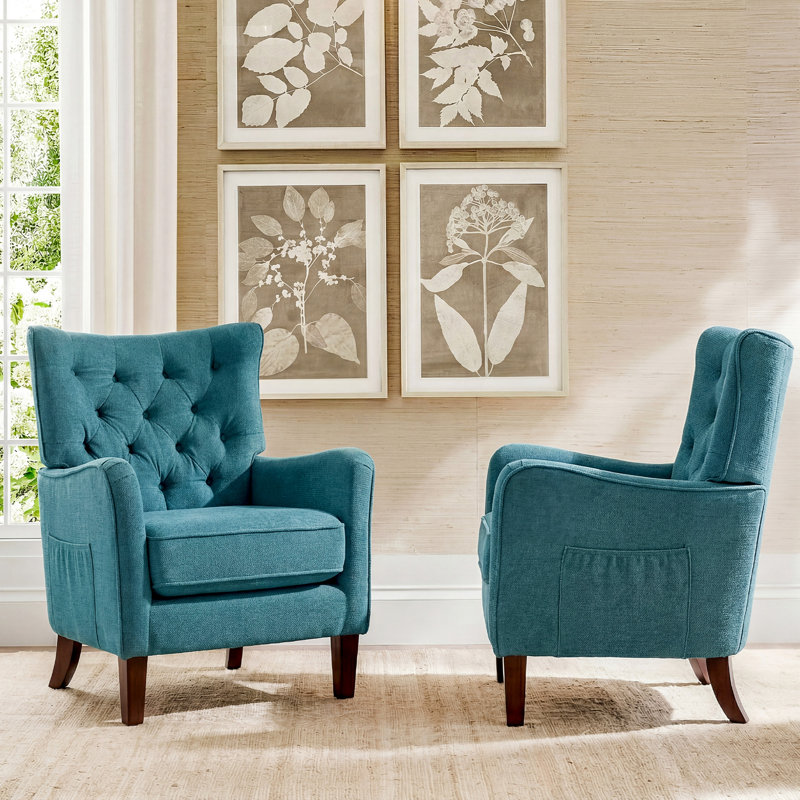 Button-Tufted Horn-Back Armchair, Accent Chair with Padded Cushion, Side Pocket and Solid Wood Legs (Set of 2), Blue