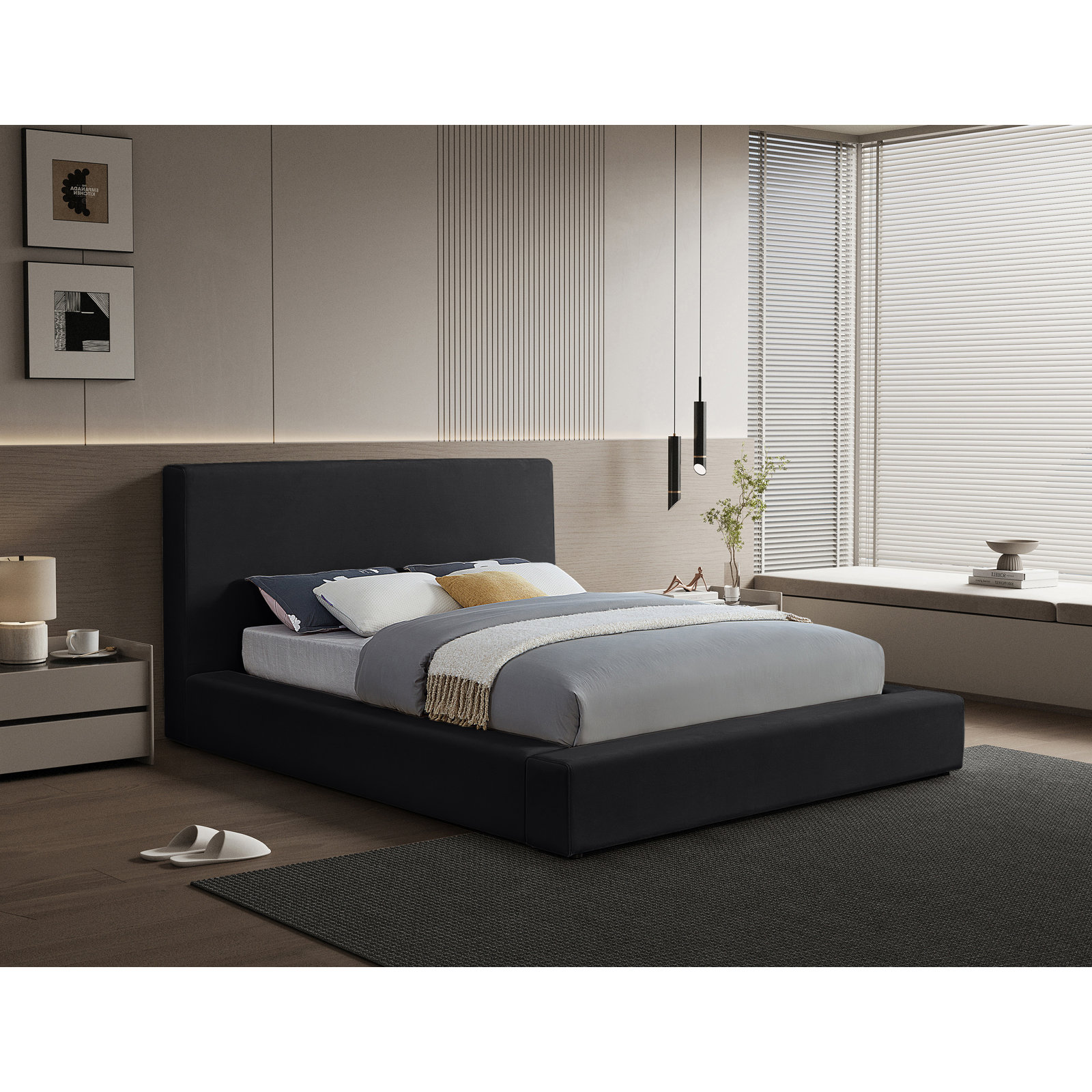 Ishia Upholstered Platform Bed, King, Black Velvet