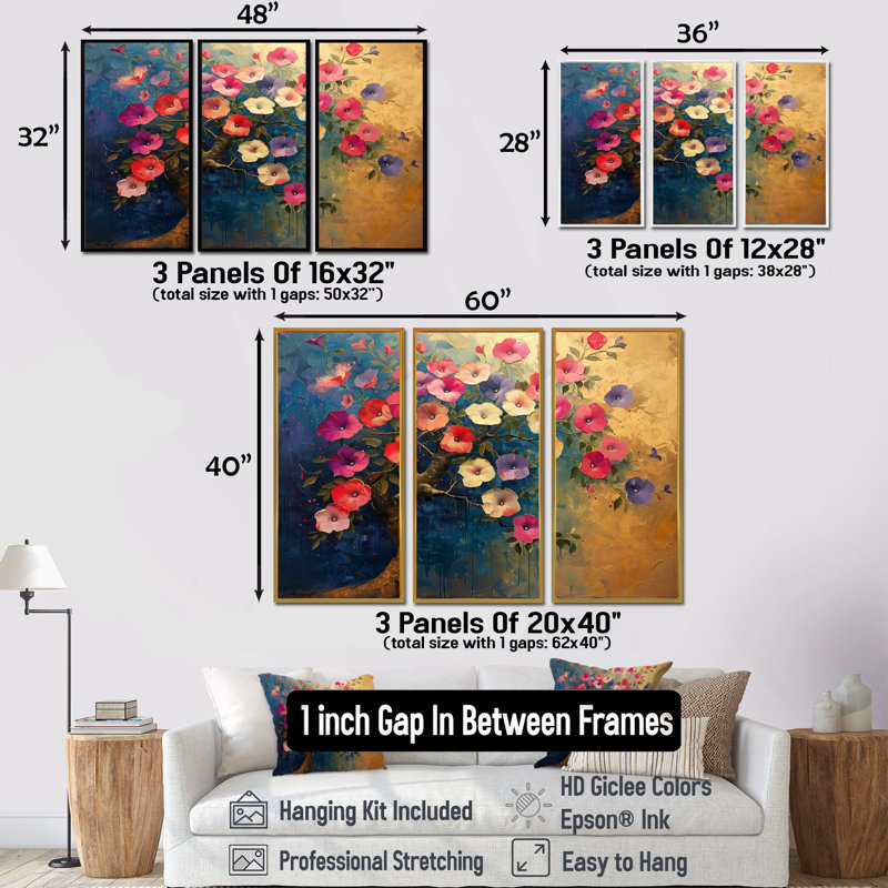 «Rose Glory Morning Glory Tree I», ensemble d'art mural, Toile avec cadre flottant brun, H 40 po x l 60 po x P 1 po