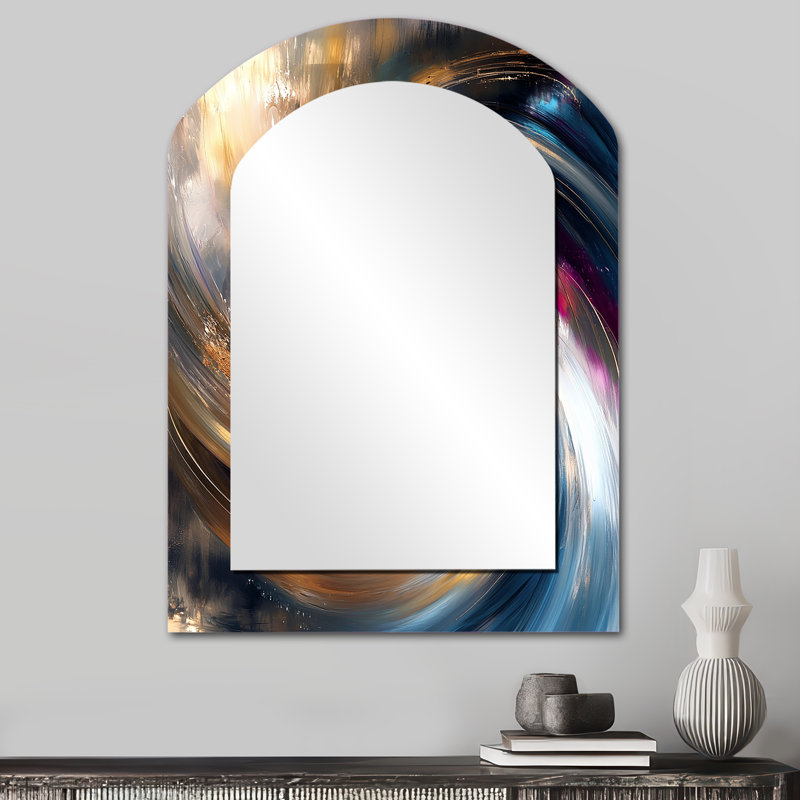 Abstrait spirales dans des tons dorés et mauves - miroir décoratif en arc abstrait en spirale, 34 po x 25 po
