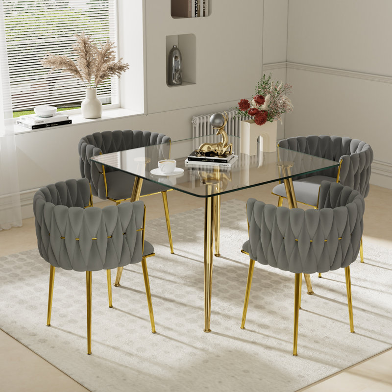 Square Pedestal Dining Set with Woven Dining Chair, Grey