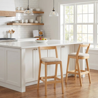  Jasper Indoor Rubberwood Barstools with Cushioned Seat, Natural Finish and Beige Set of 2
