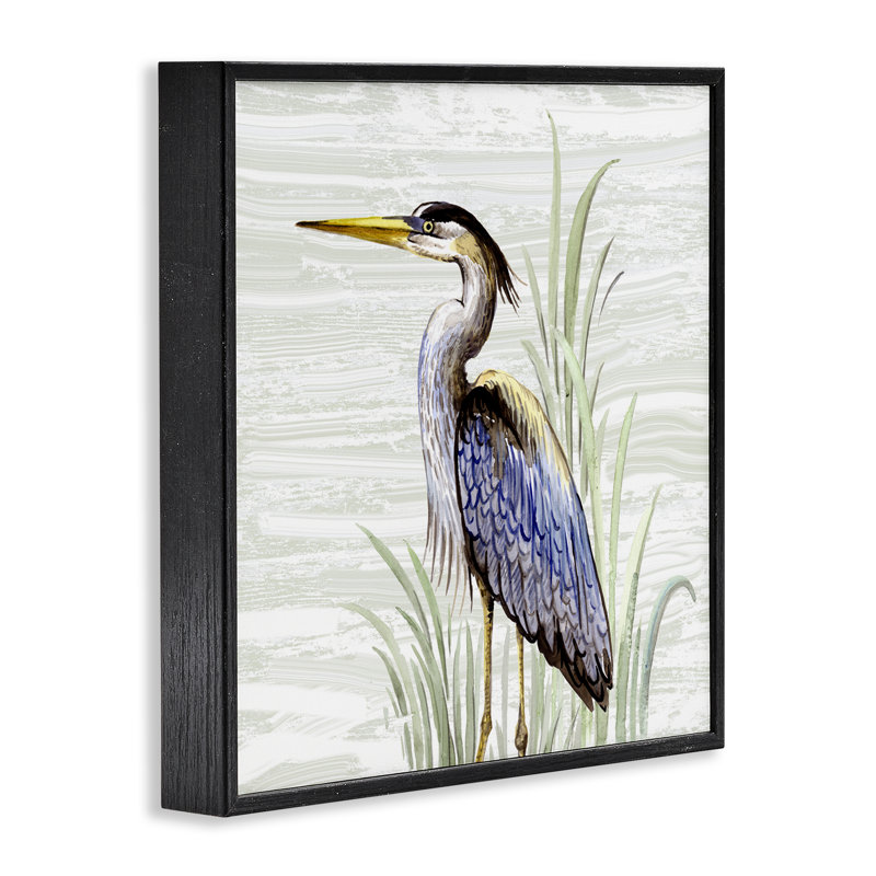 «Beach Bird Simple Heron», art de la giclée par Elena Vladykina, H 17 po x l 17 po, Giclée encadrée noir minuit