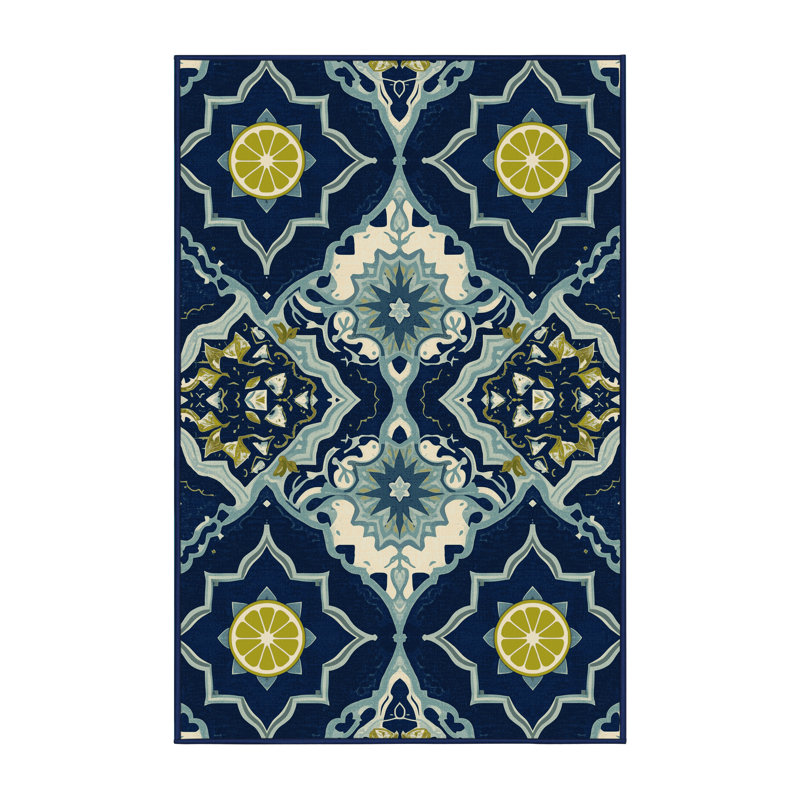 Machine Washable Abram Ceviche Global Inspired Moroccan Rug in Blue – Navy Binding, 8x12