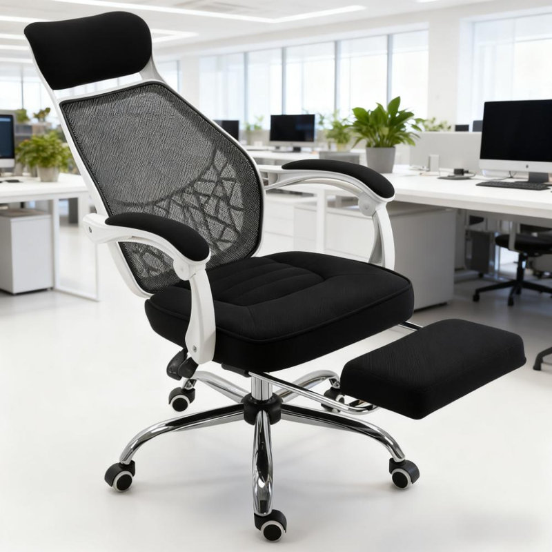 High Back Mesh Office Chair Swivel Reclining Computer Desk Chair With Retractable Footrest,Headrest,Padded Armrest