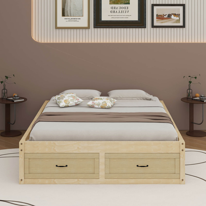 Lit plateforme double avec 6 tiroirs, Naturel antique