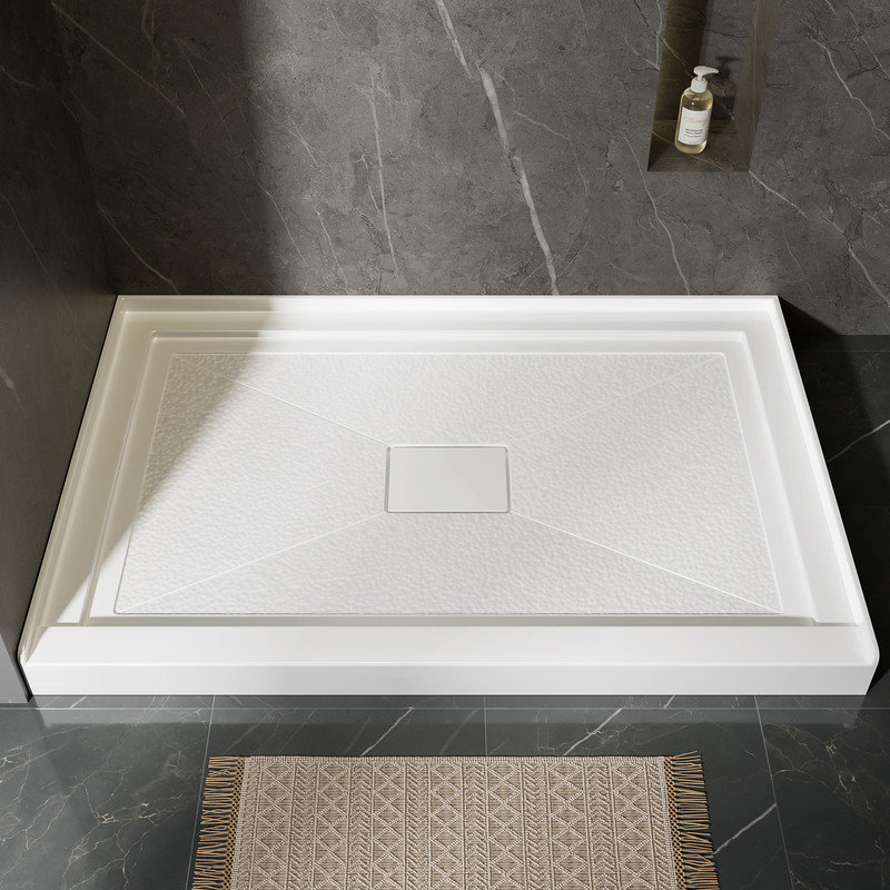 VEVOR 48" x 32" White Acrylic Shower Base, Center Drain, Non-Slip Surface, 3 3/4" Low Threshold, X-Type Sloped Drainage Design, Magnetic Solid Cover Included