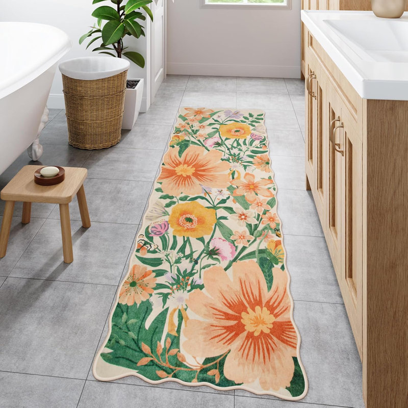 Tapis lavable pour tapis de salon antidérapant à motif floral antidérapant, Tapis de couloir 2 pi x 6 pi