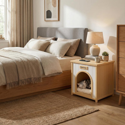 Solid Wood Hidden Cat House End Table with Cushion Furniture Style 