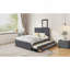 Lit plateforme double tapissier avec lit gigogne simple et 3 tiroirs, tissu en lin, gris