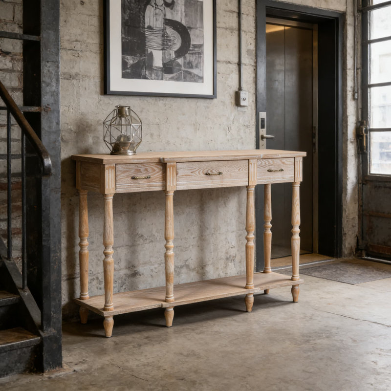 Console française française avec 3 tiroirs, finition chêne rustique blanchi et tablette inférieure, mobilier d'entrée de ferme classique