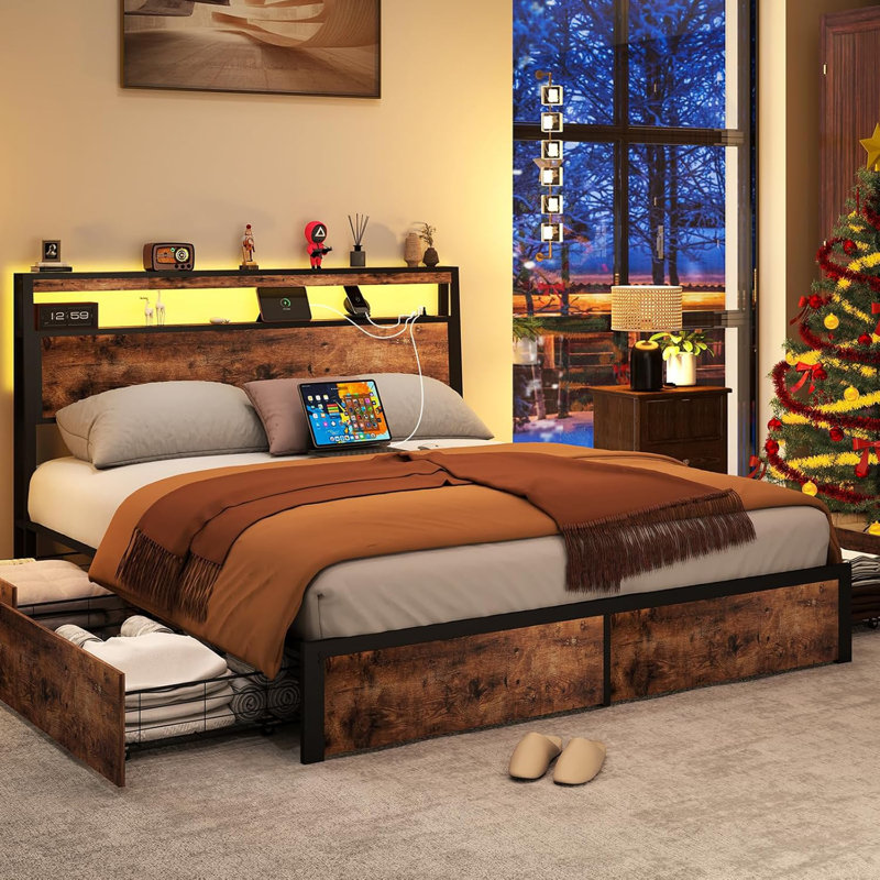 Bed Frame with 4 Underbed Drawers, Modern Bed with Storage Headboard, LED Lights and Charging Station, Queen, Rustic Brown