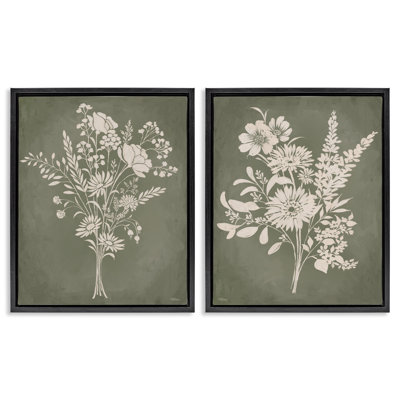 Wildflower Silhouettes on Green 2 Piece Framed Floater Canvas Set, design by Cat Thurman Designs