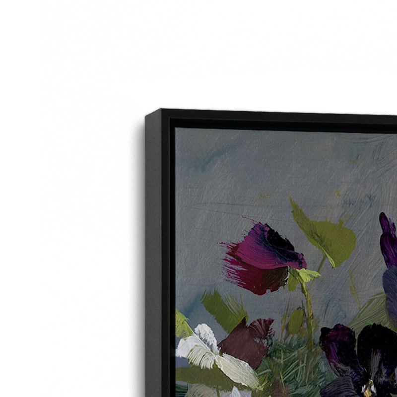 Vivid Pansy Arrangement Rolled, Satin Black Floater Framed, 12.75" H x 18.75" W x 1.75" D
