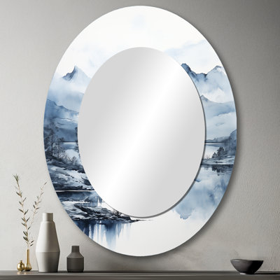 Gris gris bleu minimalisme forêt reflets I - grand miroir mural ovale sur métal