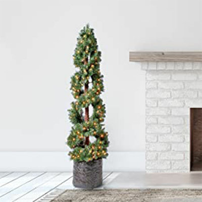 Home Heritage 5 Ft Spiral Artificial Topiary Christmas Pine Tree w/ Clear Lights