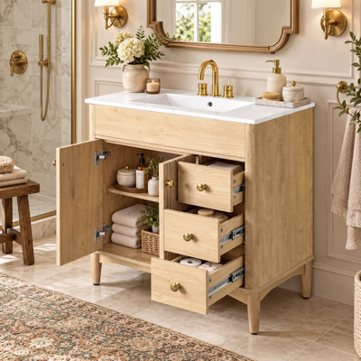 Meuble-lavabo autoportant de 30 po avec lavabo encastré en céramique, portes et tiroirs à fermeture en douceur, tablette ajustable en forme de U