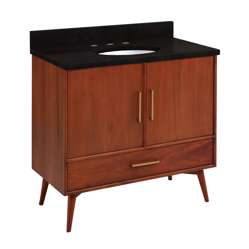 36" Novak Single Bathroom Vanity Set with Oval Undermount Sink, Natural Teak, 8" Widespread, Feathered White Quartz